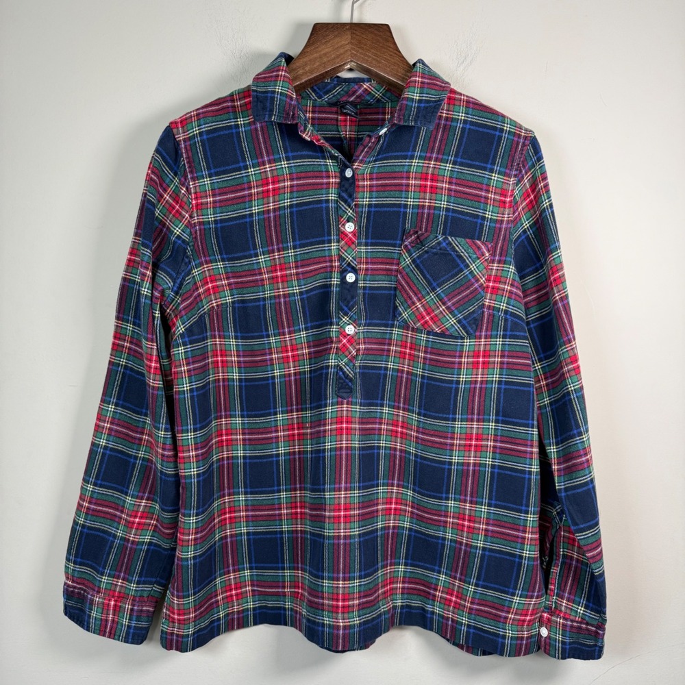 Lands' End Navy Plaid Flannel Long Sleeve Tunic Blouse Size 16